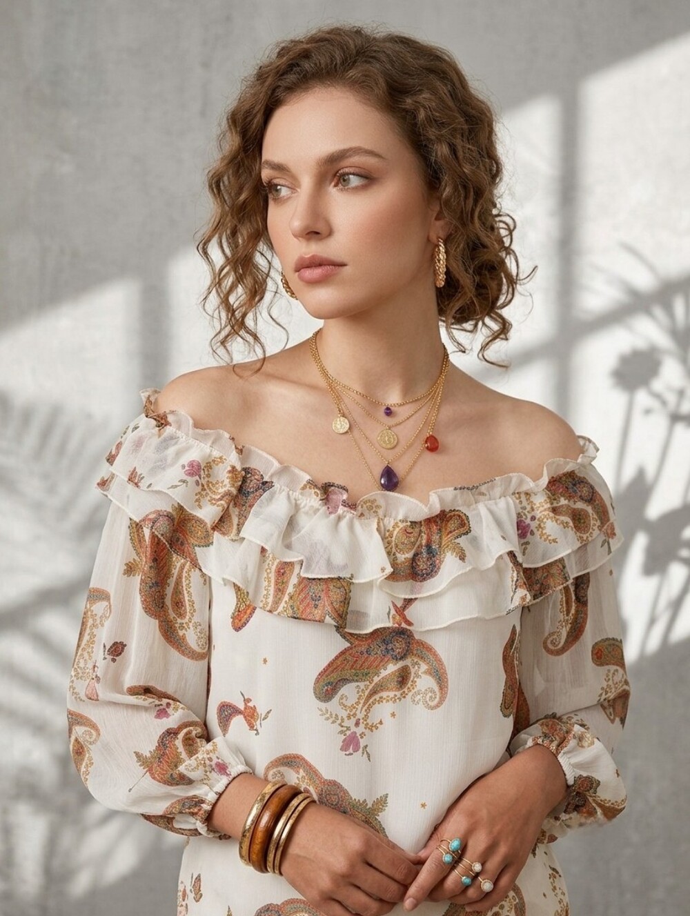 Vince Camuto Boho Ruffle Neck Sheer Paisley Chiffon Blouse Neutral Tan Size L